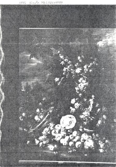 Anonimo — Casissa Nicola - sec. XVII/ XVIII - Natura morta con frutta, fiori, vasi scolpiti e uccelli — insieme